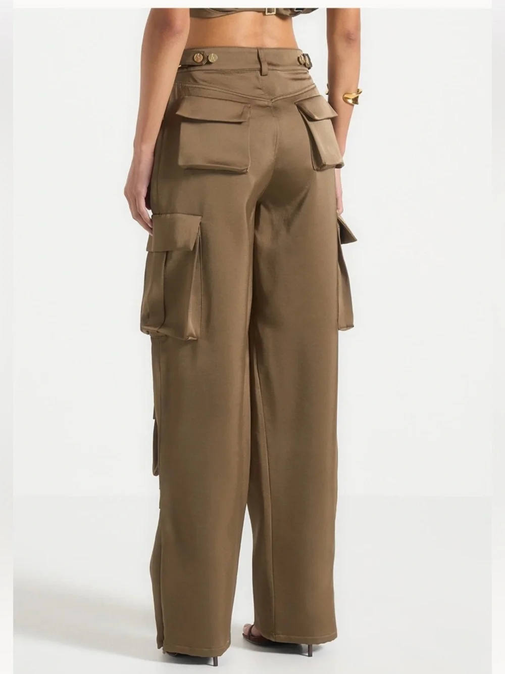 Maniere De Voir Emilie Satin High Waisted Cargo Pants Dark Olive Wide Leg Zip 0 - Picture 6 of 17